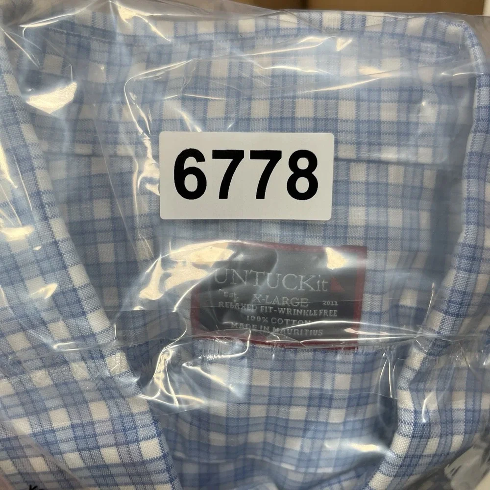 UNTUCKit Mens XL Blue White Plaid Wrinkle Free Short Sleeve Button Down Shirt